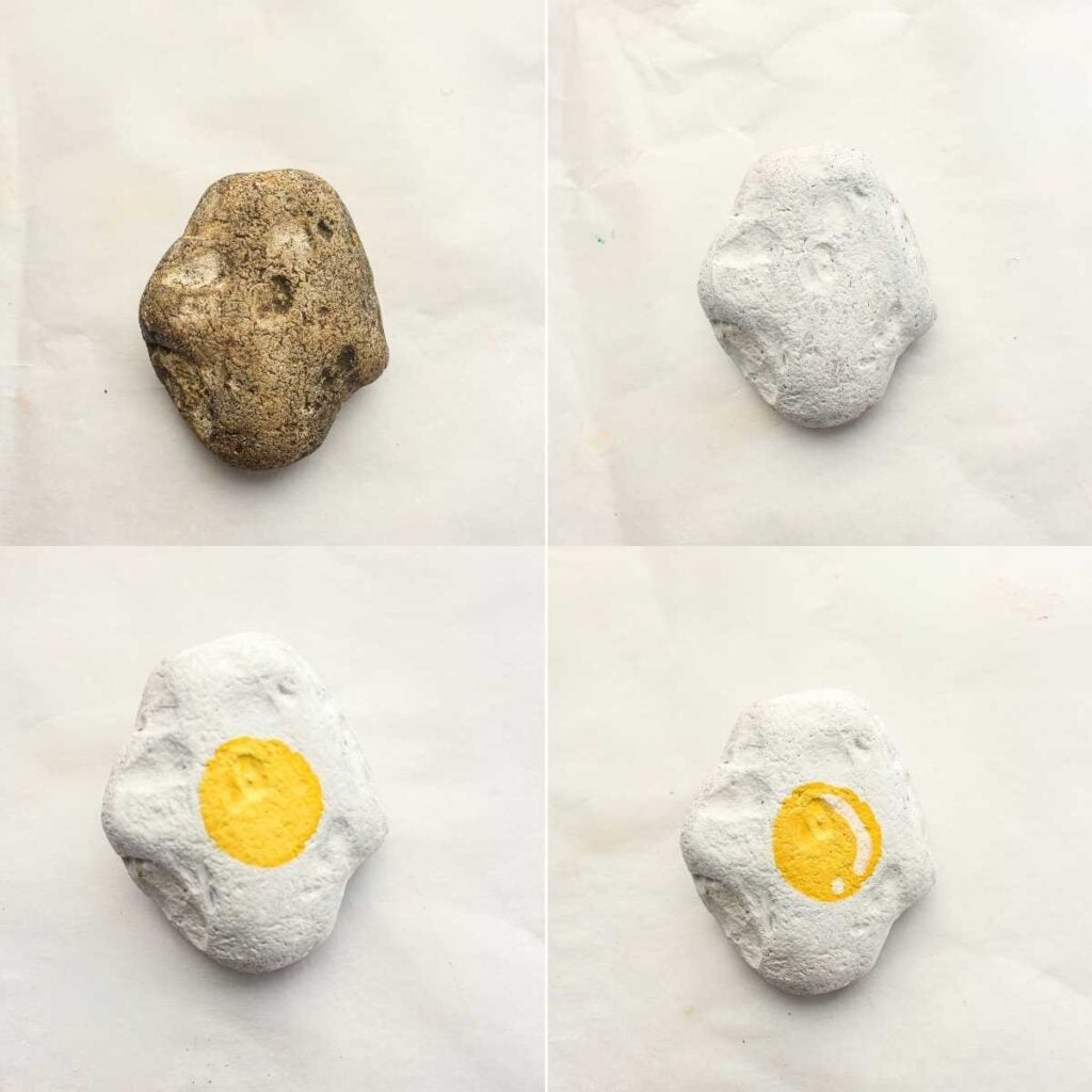 Four-step progression showing a rock painted white then decorated with a yellow yolk to resemble a fried egg.