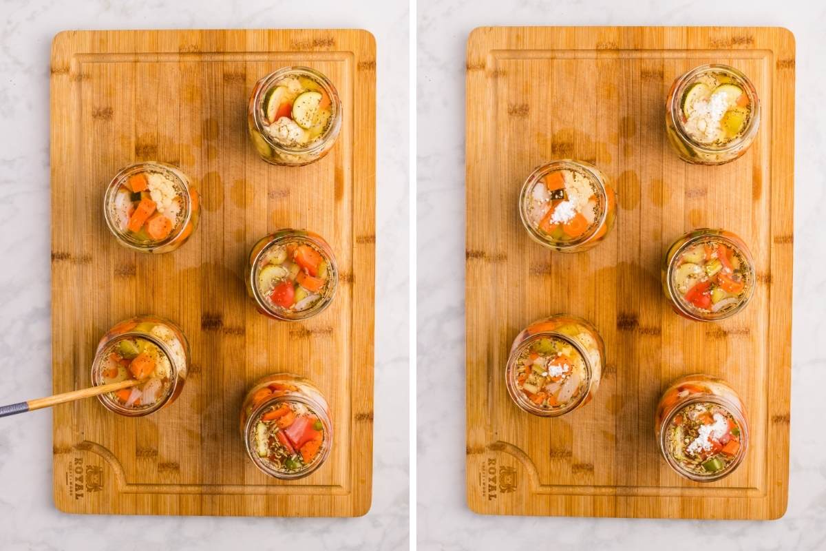 adding liquid to jars.