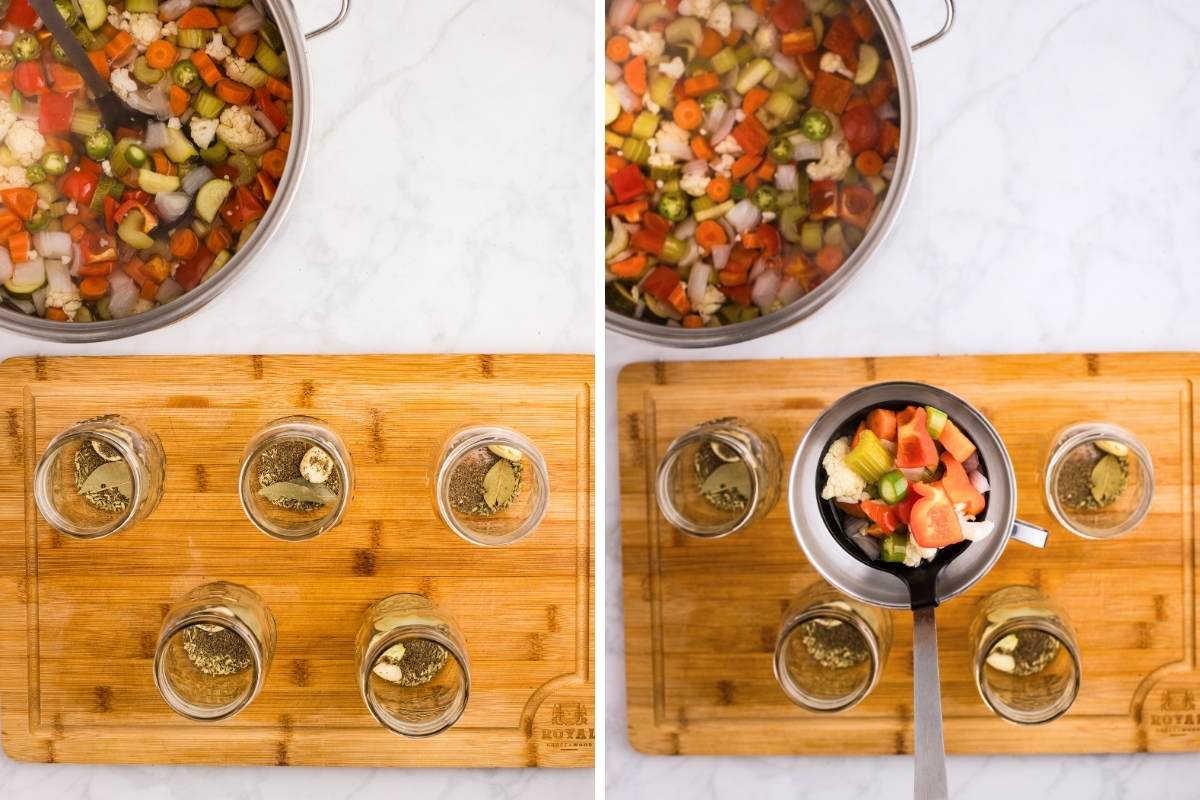 jars being filled with spices and veggies.