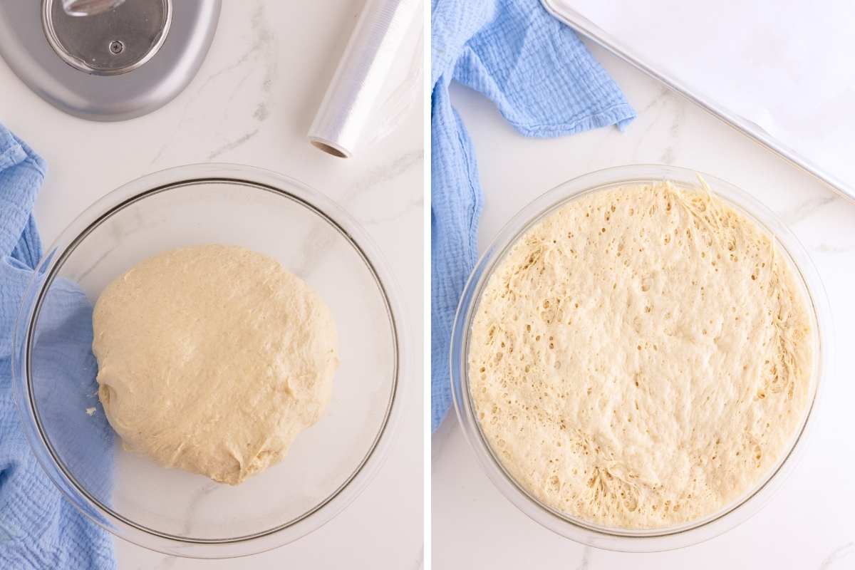 Side-by-side glass bowls showing bread dough before and after rising, with blue towel nearby.