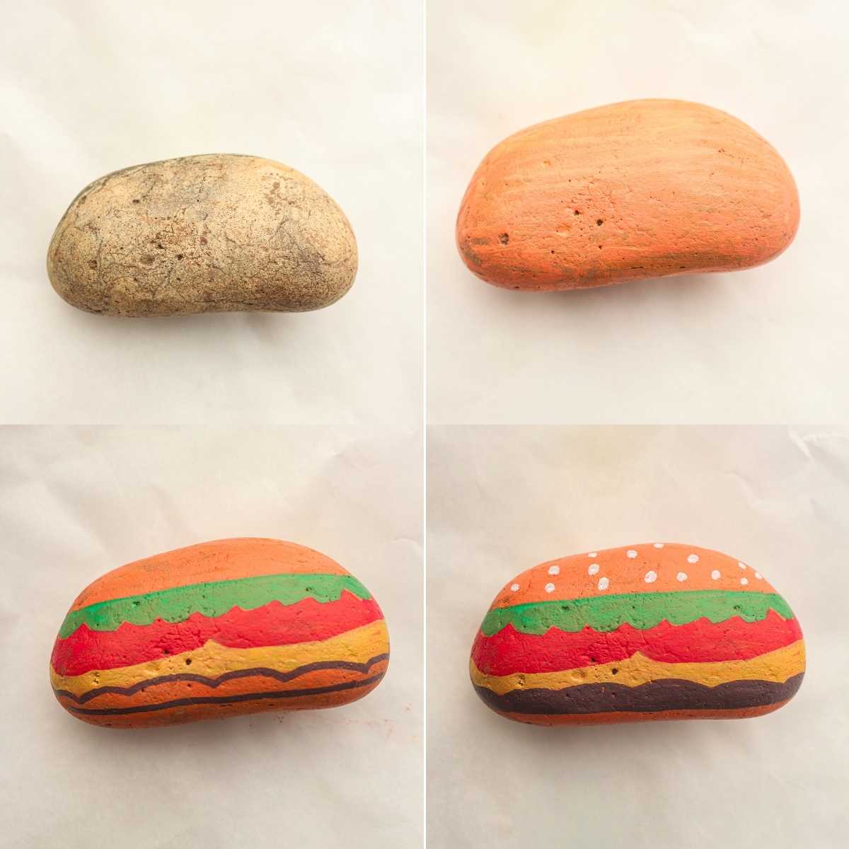 Four-step progression showing a plain rock painted orange then decorated as a hamburger with sesame seeds.