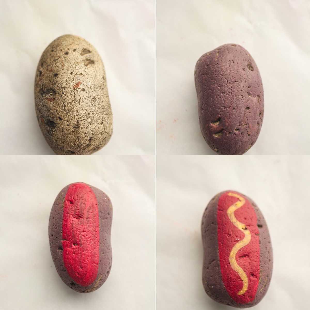 Four-step progression of a rock painted to look like a hot dog with mustard.