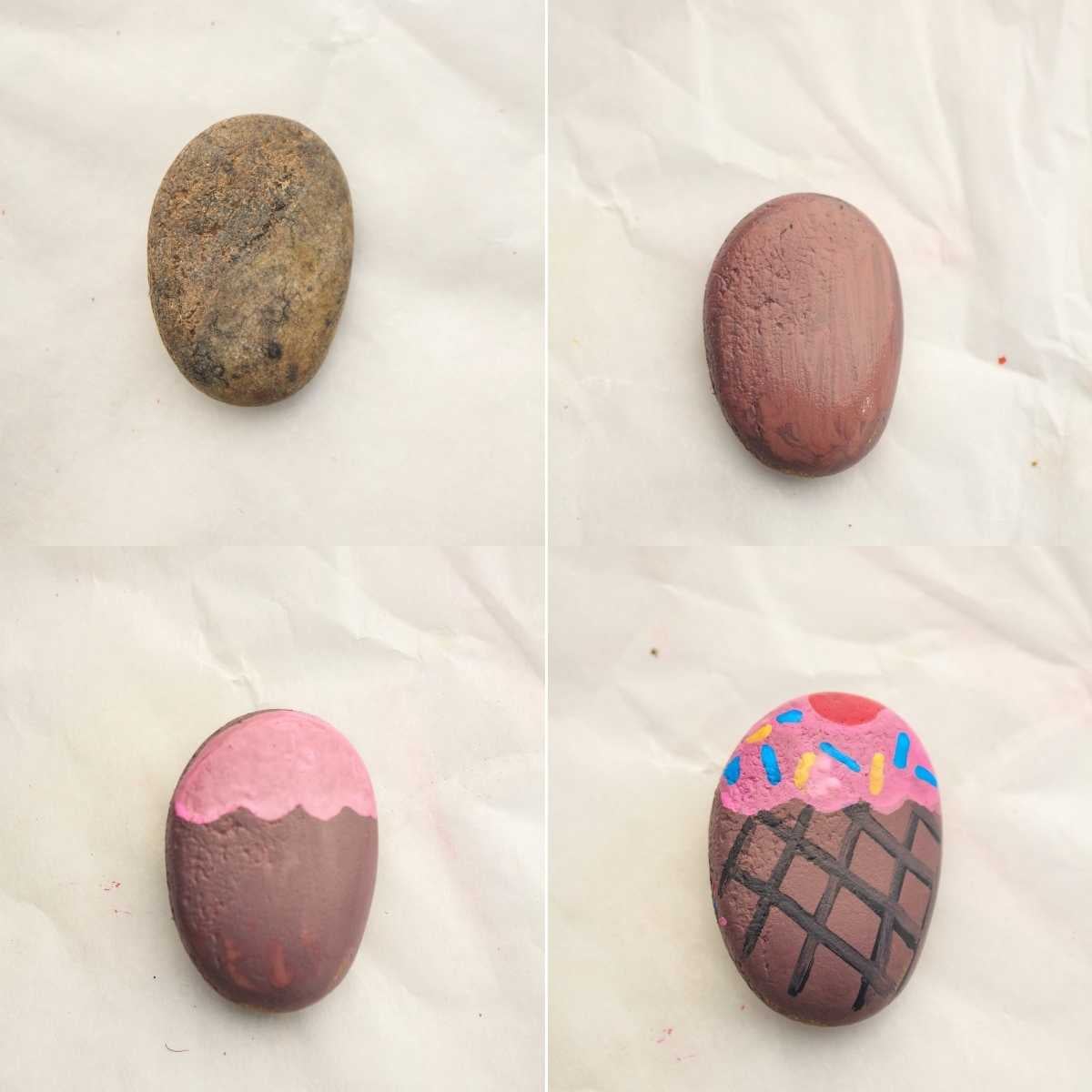 Four-step progression showing a plain rock painted into an ice cream cone with pink frosting and sprinkles.