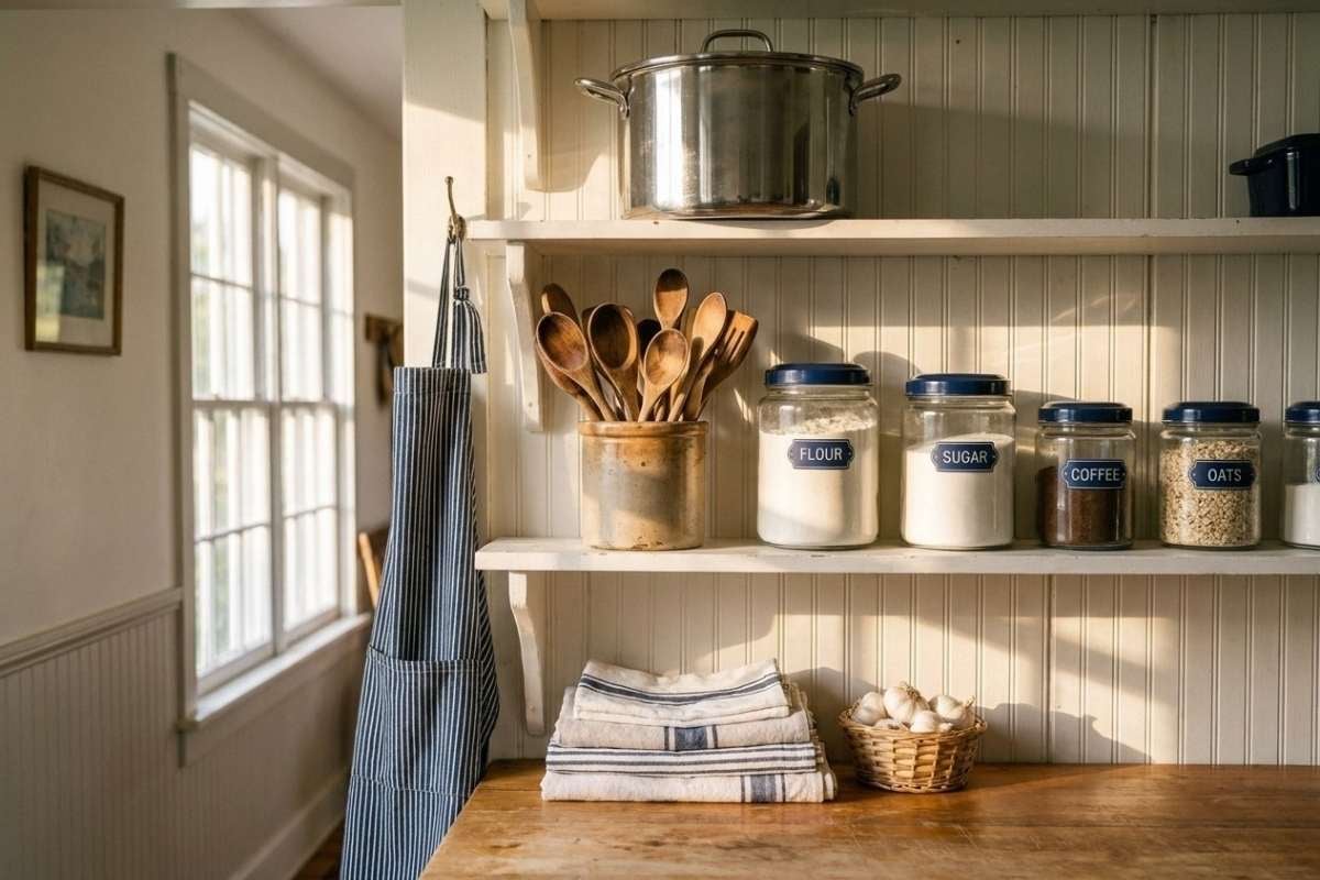 Farmhouse kitchen shelves holding labeled flour, sugar, coffee, and oats jars beside wooden spoons and stockpot.