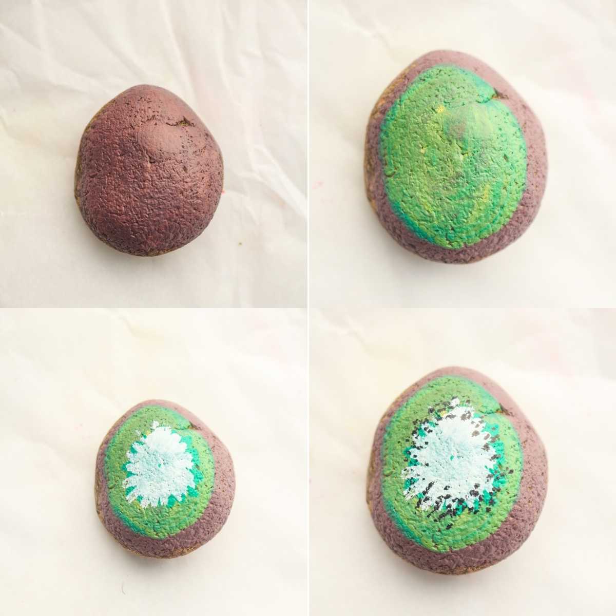 Four-step progression of a rock painted to resemble a kiwi with brown, green, white, and black seed details.