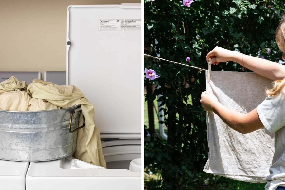 Galvanized tub of damp linens on a washer beside a woman clipping laundry to an outdoor clothesline.