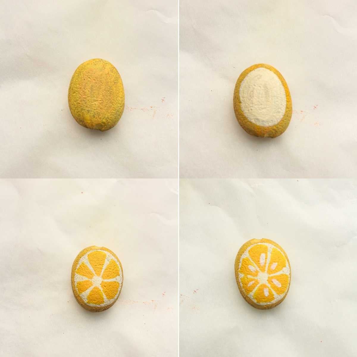 Four-step progression showing a rock painted to look like a yellow lemon citrus slice.