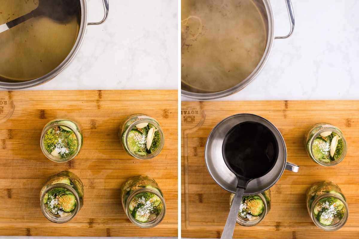 Hot brine being ladled from a stockpot into glass jars filled with cucumbers, dill, and spices.