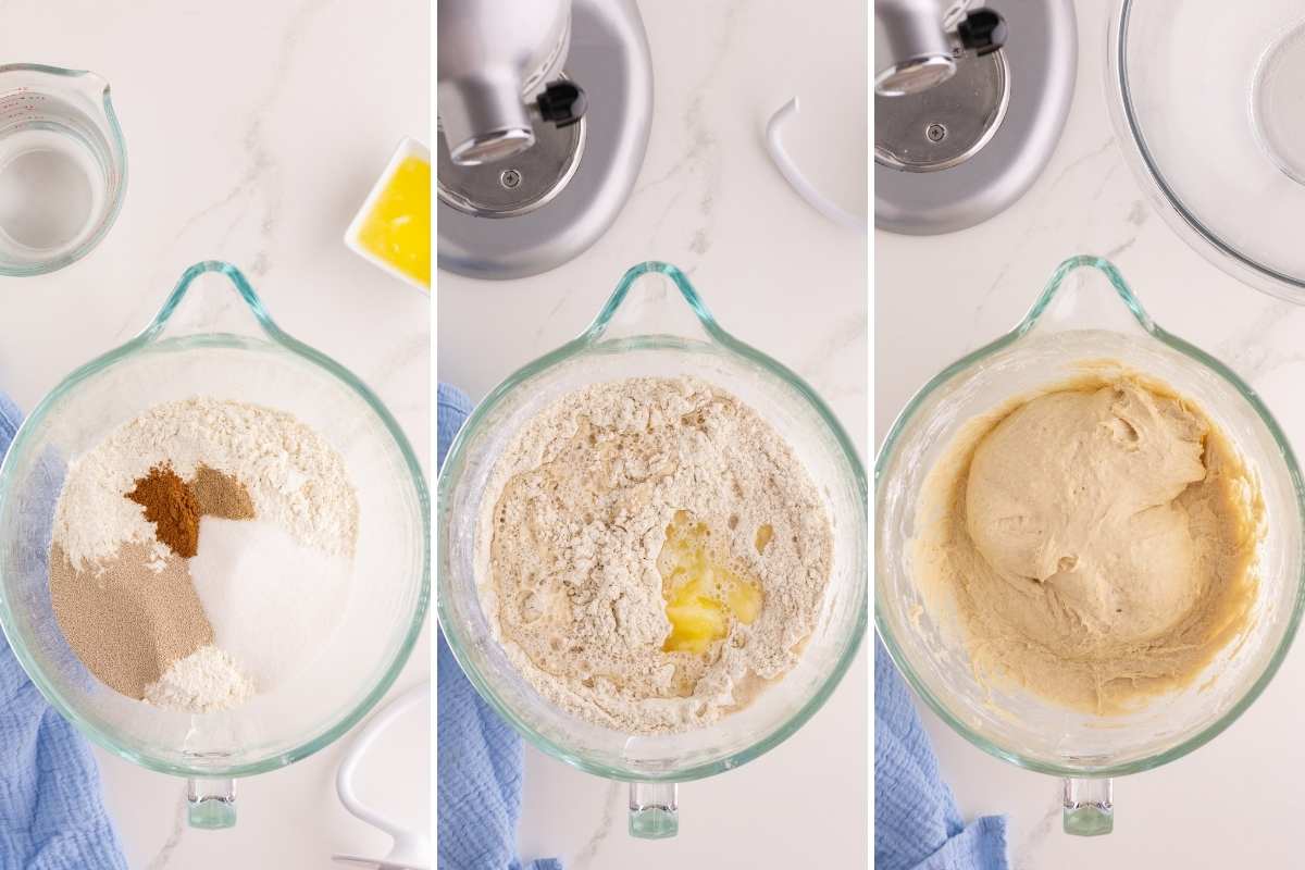 Three-step collage showing flour and spices, added butter, then smooth dough forming in a glass mixer bowl.