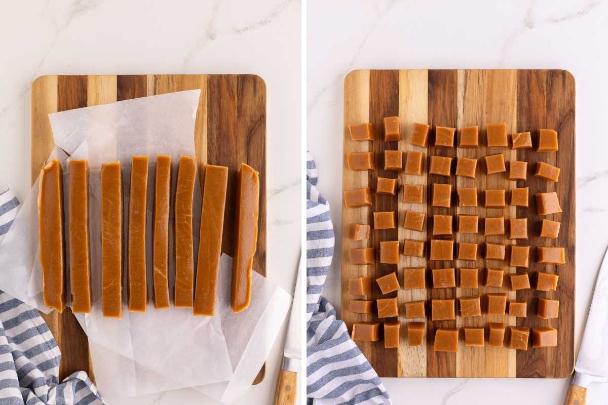 Maple caramel slab being sliced into long strips then cut into small square pieces on a wooden board.