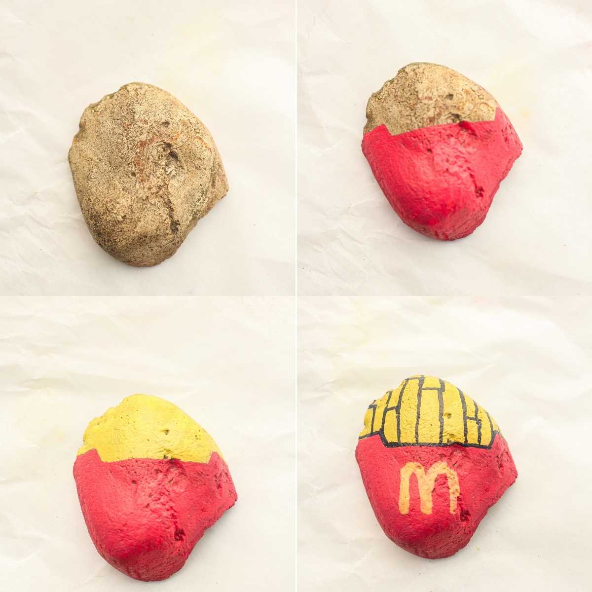 Four-step progression of a plain rock painted to look like McDonald's fries with red base, yellow tops, and logo.