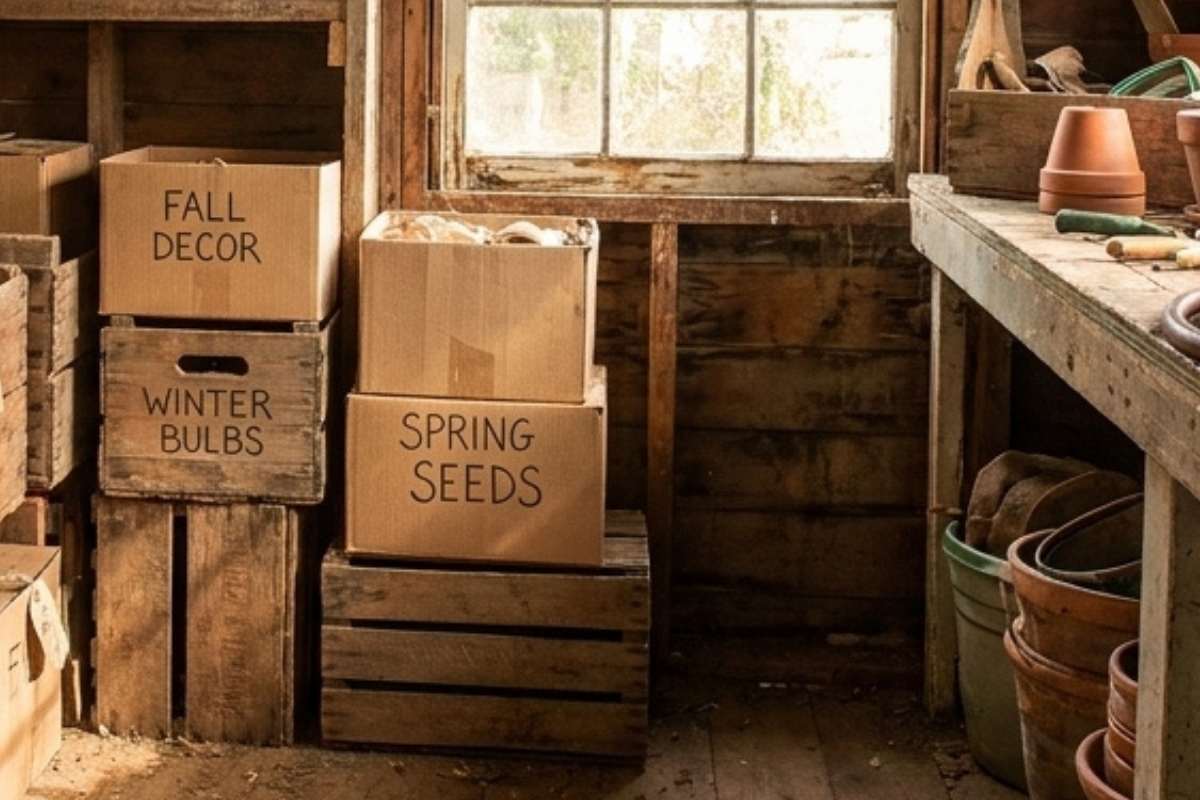 Labeled cardboard boxes and wooden crates stacked in a rustic shed beside terracotta pots and garden tools.