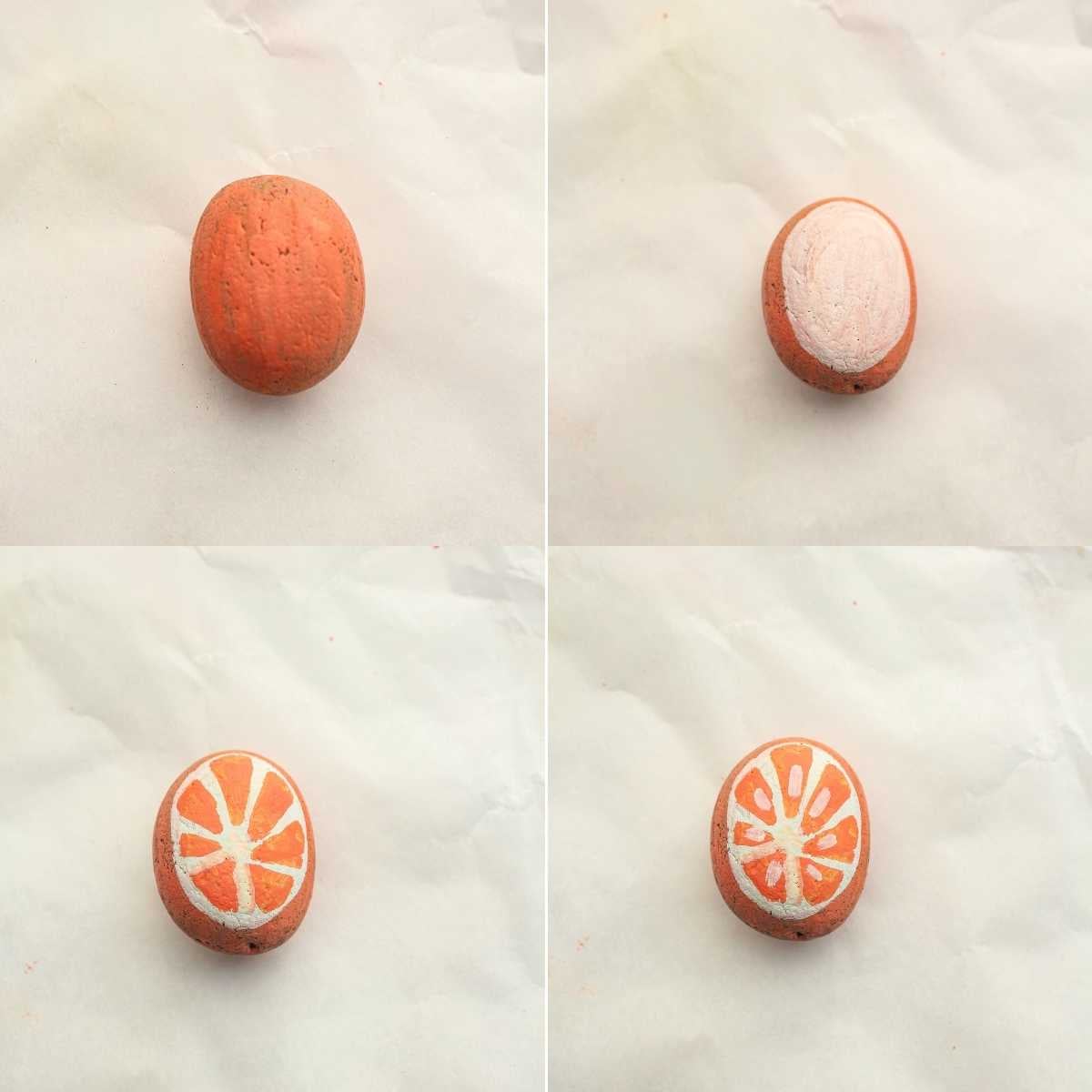 Four-step progression of a rock painted to resemble an orange slice with white segment lines.