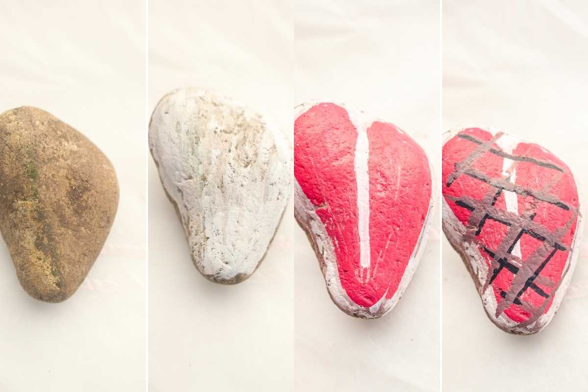 Four-step progression of a rock painted to resemble a strawberry, from natural stone to white base to red with black cross-hatching.