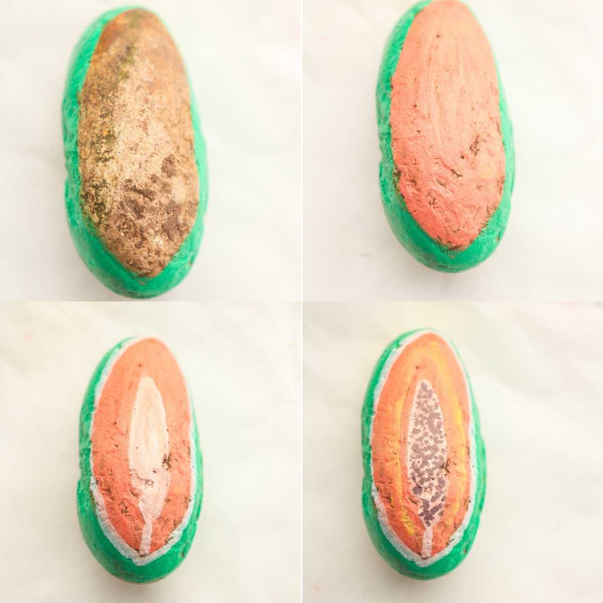 Four-step progression of painting a rock to look like a watermelon slice with green rind, pink flesh, and seeds.