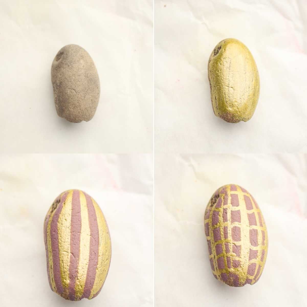 Four-step progression of a smooth rock painted gray, then gold, then striped purple, and finally cross-hatched into a pineapple design.