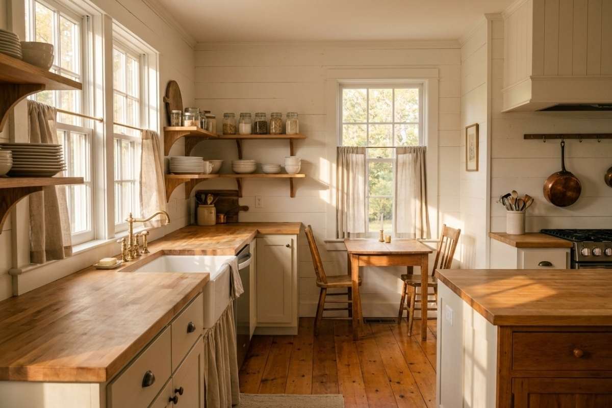 Sunlit farmhouse kitchen with butcher block counters, open shelving, linen curtains, farmhouse sink, and hanging copper pans.