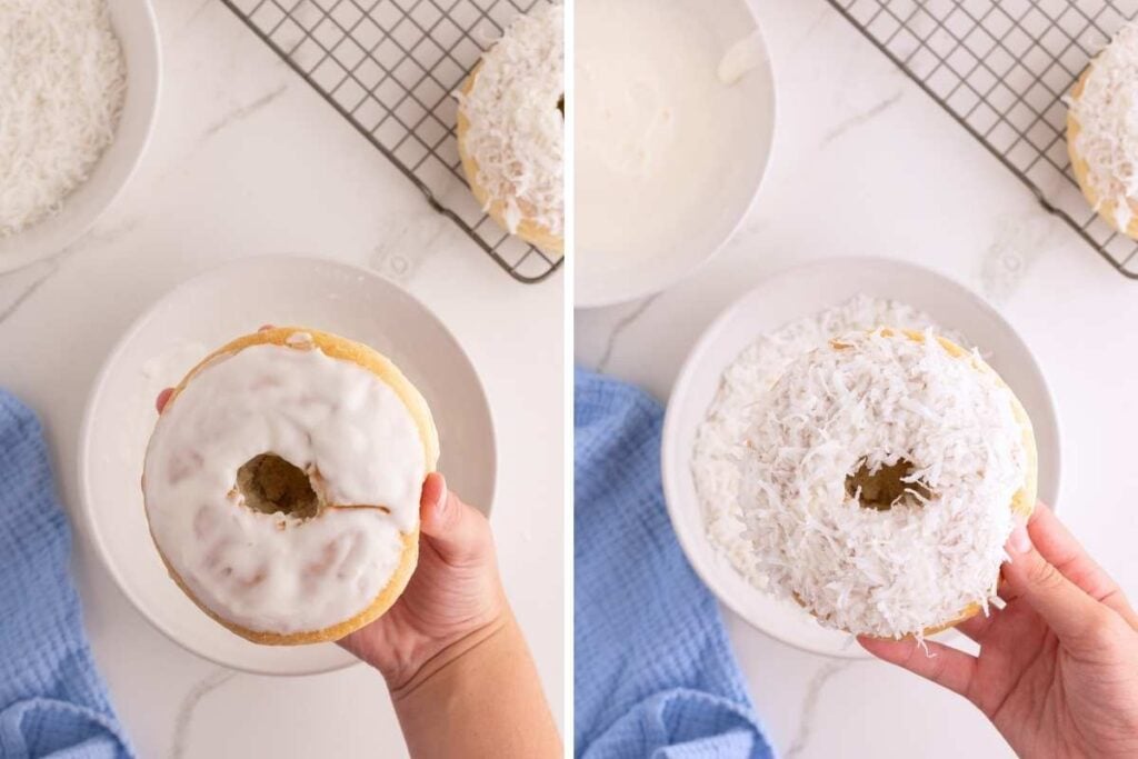 side by side of school bread with glaze and coconut