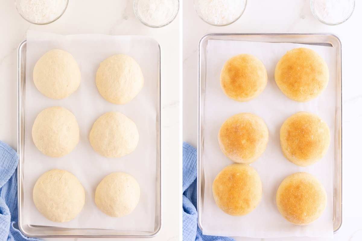 Six pale dough balls on a parchment-lined baking sheet beside the same buns baked golden brown.