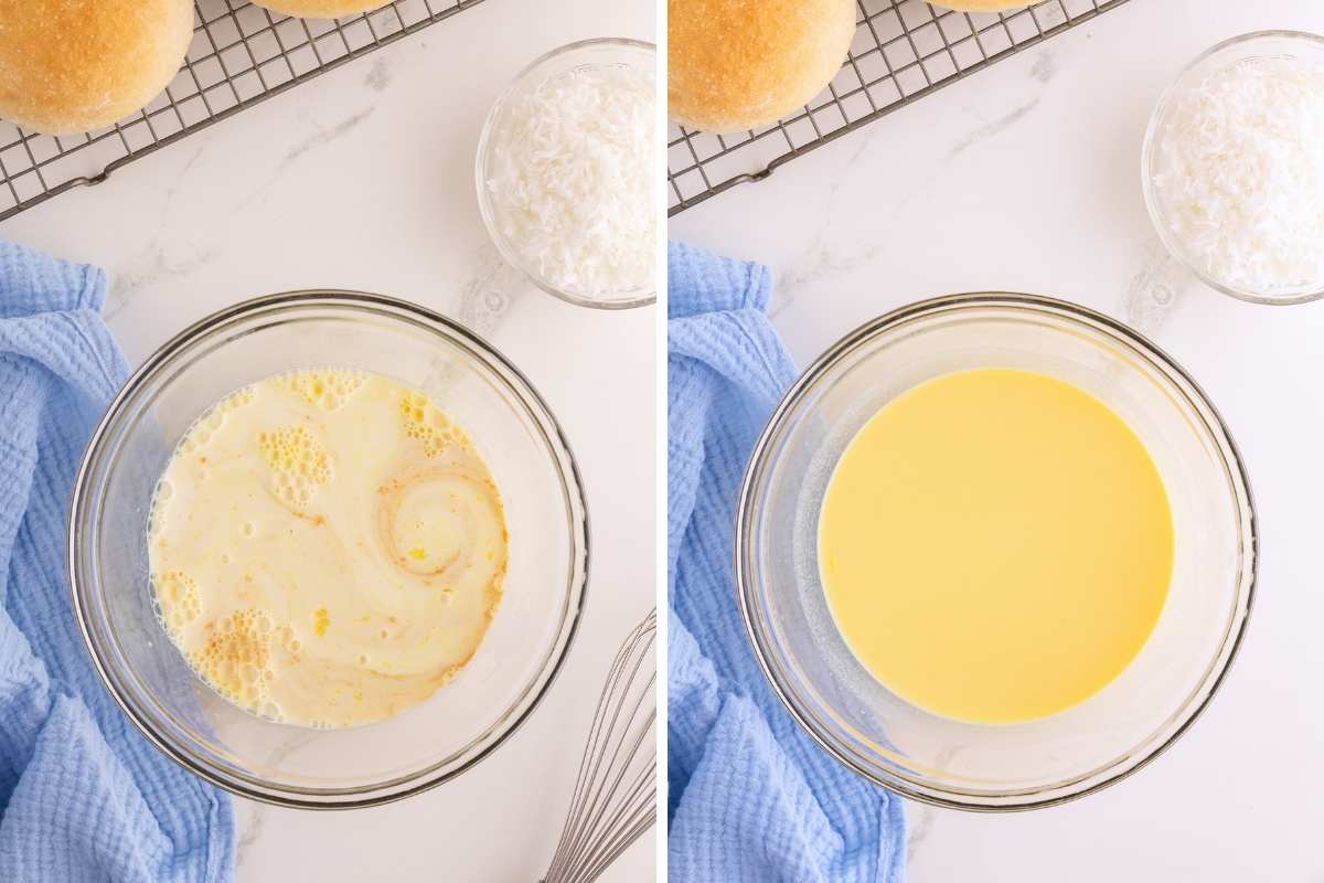Side-by-side glass bowls showing swirled custard mixture and smooth yellow custard beside coconut and buns on rack.