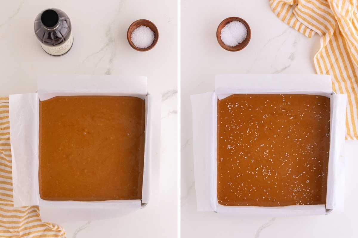Smooth caramel poured into a parchment-lined square pan, then sprinkled with flaky sea salt.