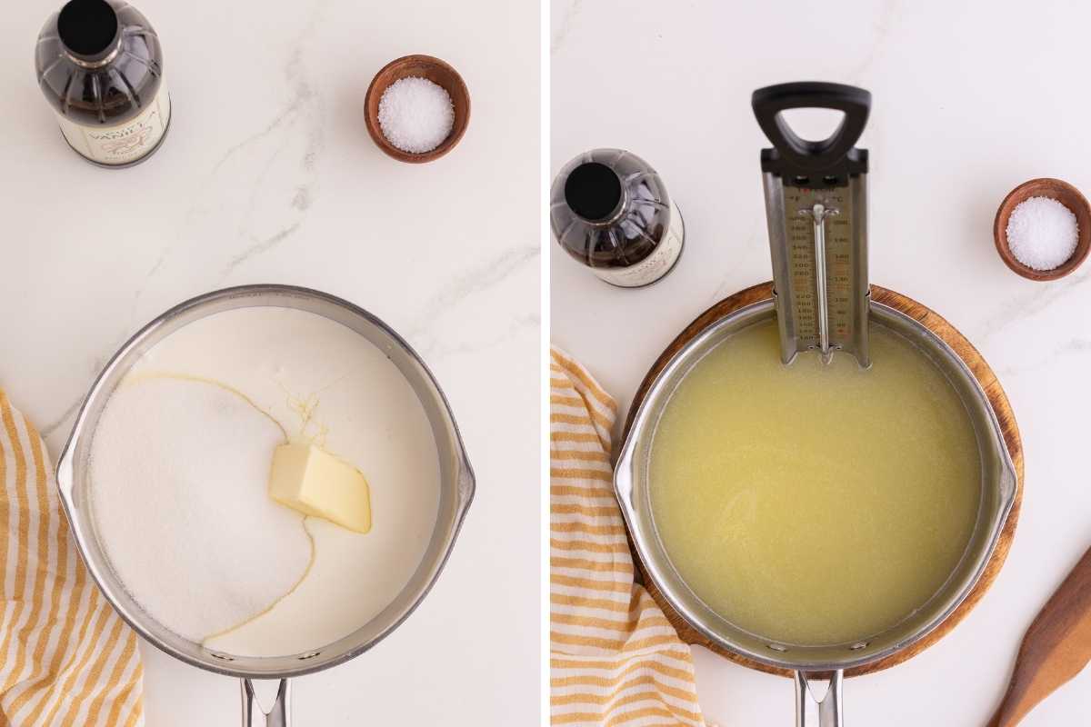Sugar, cream, and butter combined in a saucepan, then cooked into pale melted caramel with a candy thermometer.