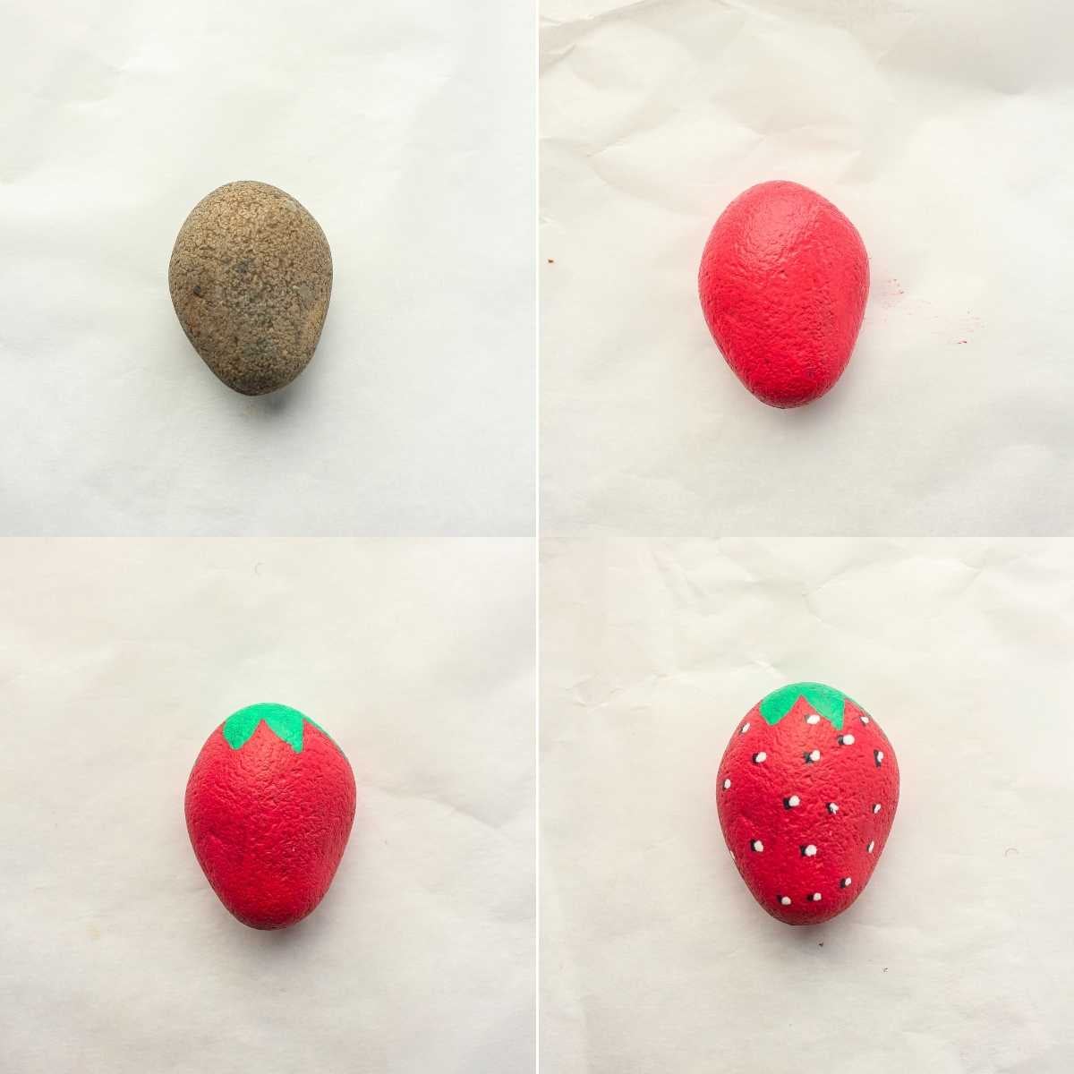 Four-step progression showing a plain gray rock transformed into a painted strawberry with green leaves and white seeds.