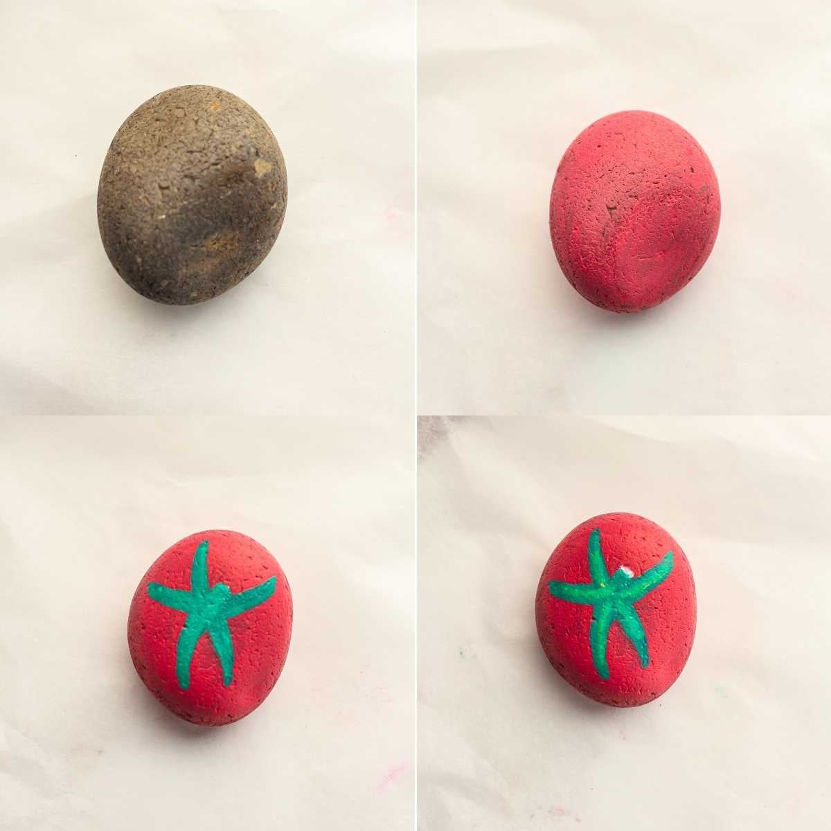 Four-step progression showing a plain gray rock painted red then decorated with a green tomato stem.