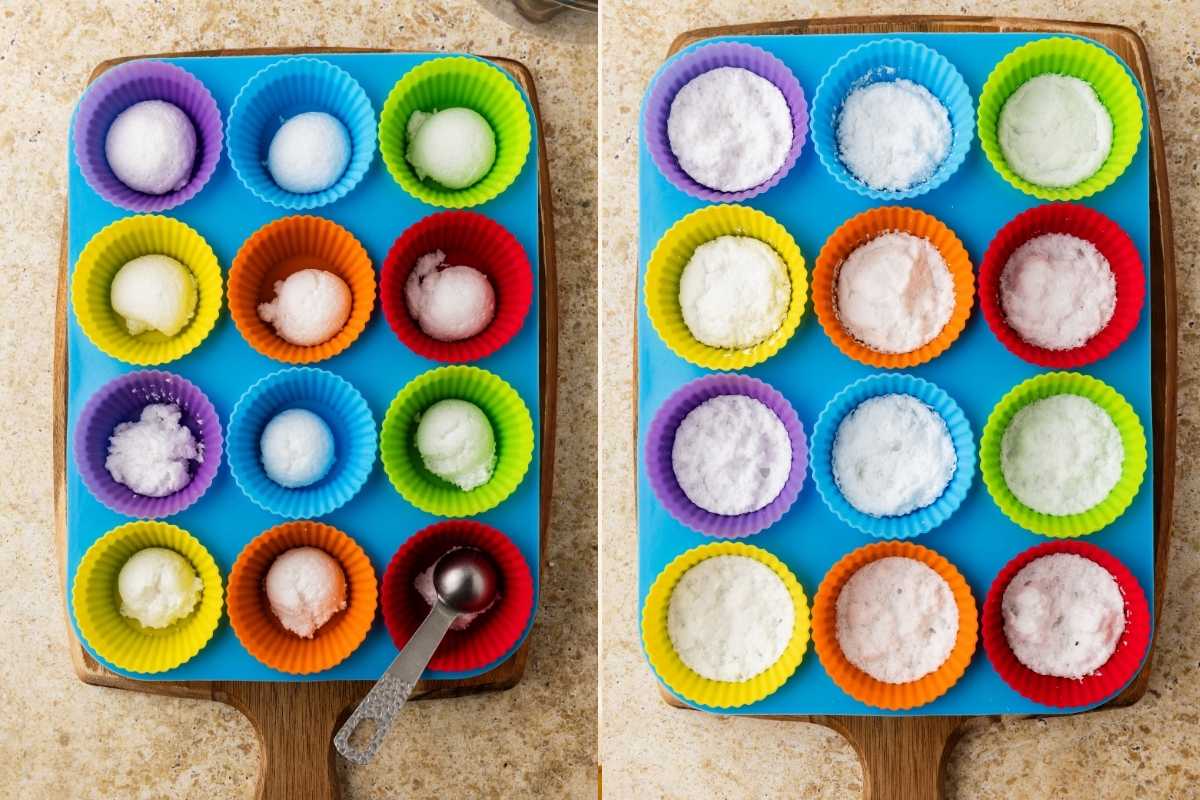 Colorful silicone muffin cups holding scooped powder mixture, then pressed flat into smooth tablets on a blue tray.
