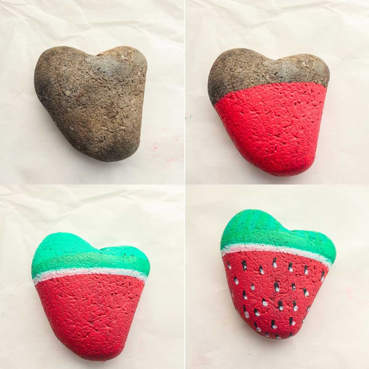 Four-step progression of a heart-shaped rock painted to look like a strawberry with green top and seeds.