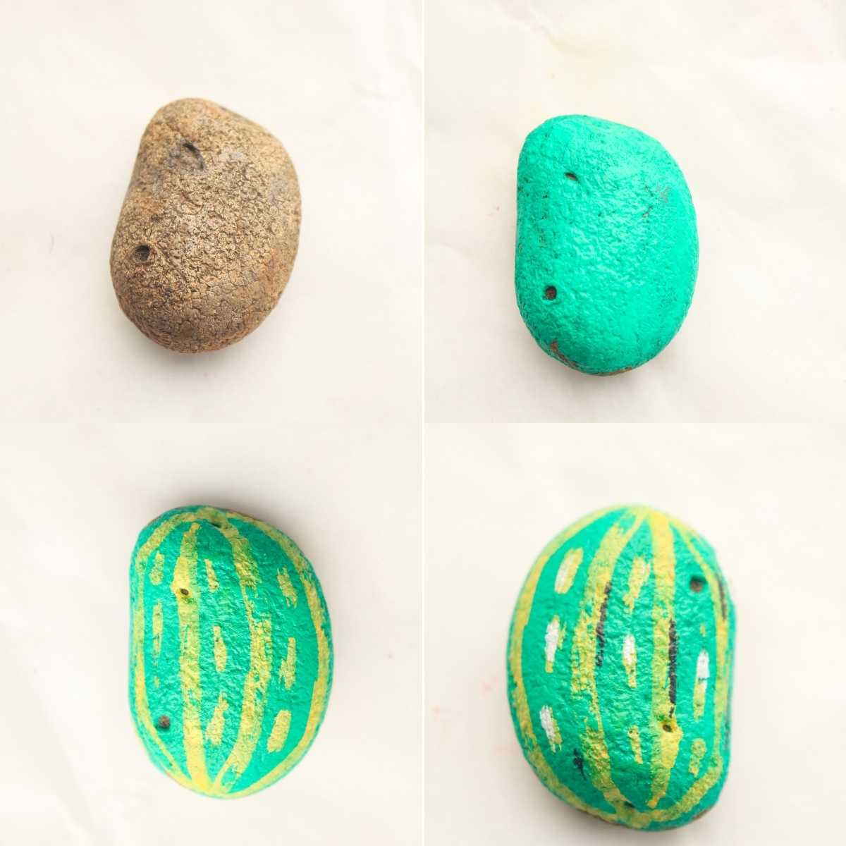 Four-step progression showing a plain rock painted teal then striped with yellow to resemble a watermelon.