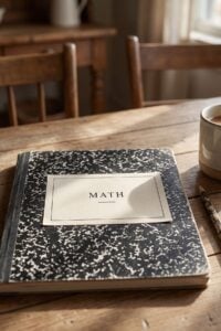 compistion notebook on table with math label.