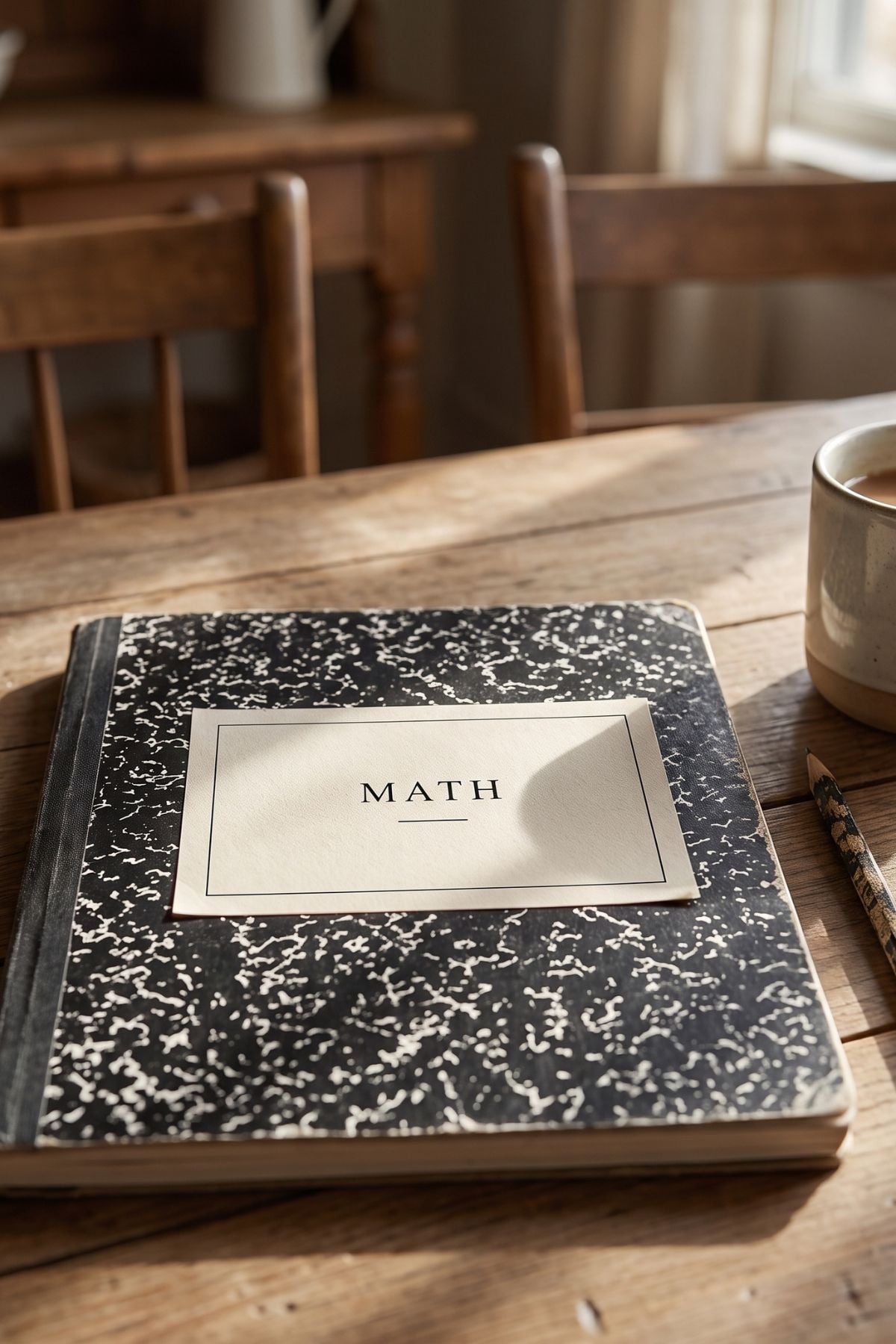 compistion notebook on table with math label.