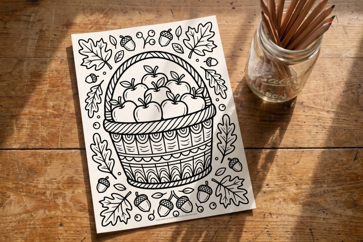 Coloring page on wooden surface with Mason chart of colored pencils near by .