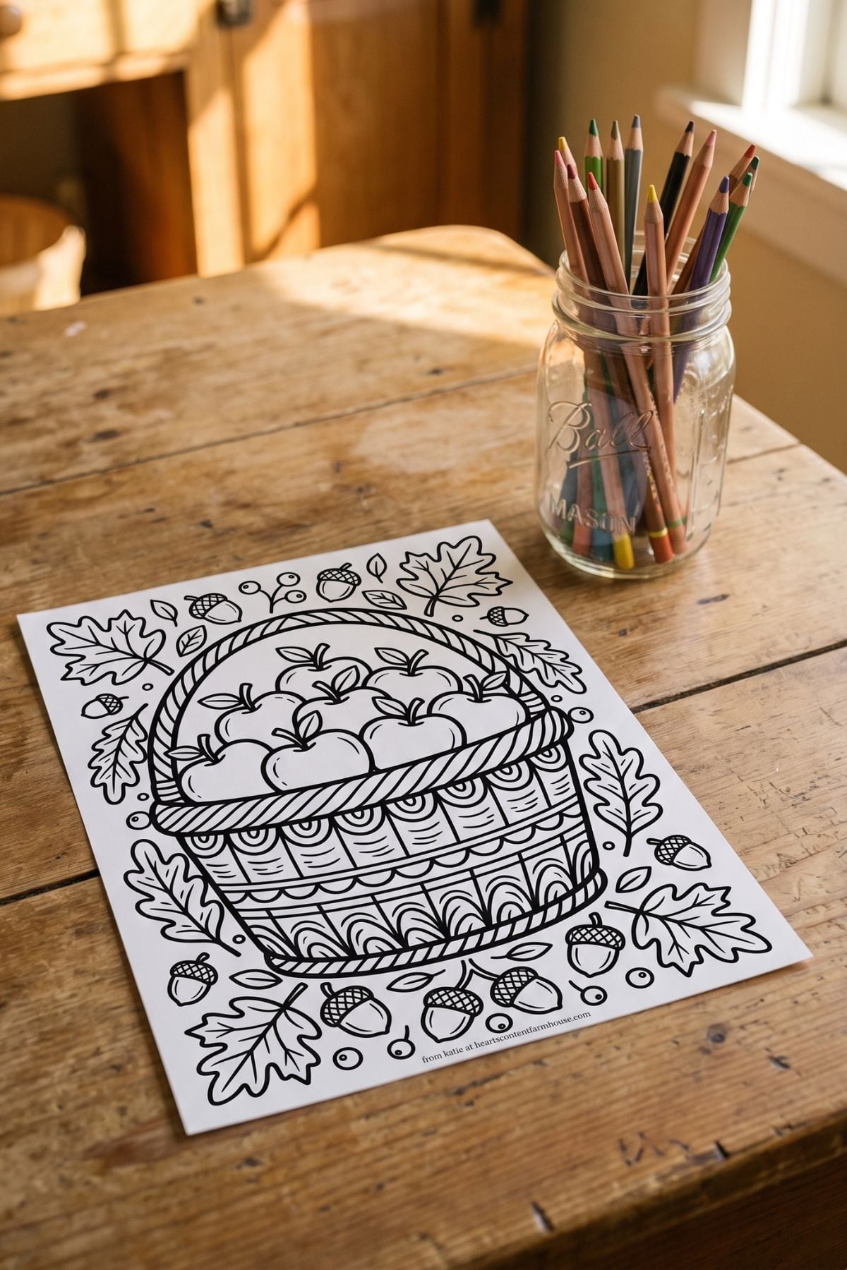 Overhead view of coloring page on kitchen table .