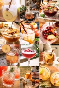 Collage of twelve fall and holiday drinks including apple cider cocktails, cranberry punch, mulled wine, and cinnamon-garnished mugs.