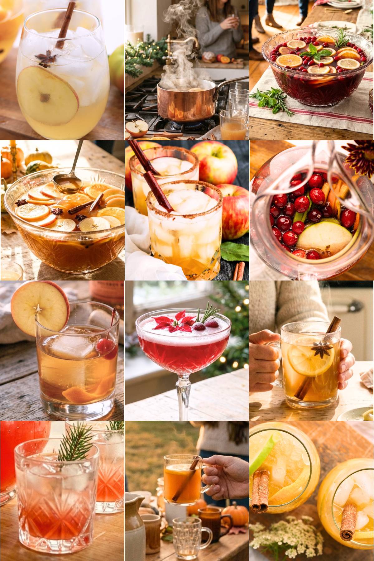 Collage of twelve fall and holiday drinks including apple cider cocktails, cranberry punch, mulled wine, and cinnamon-garnished mugs.