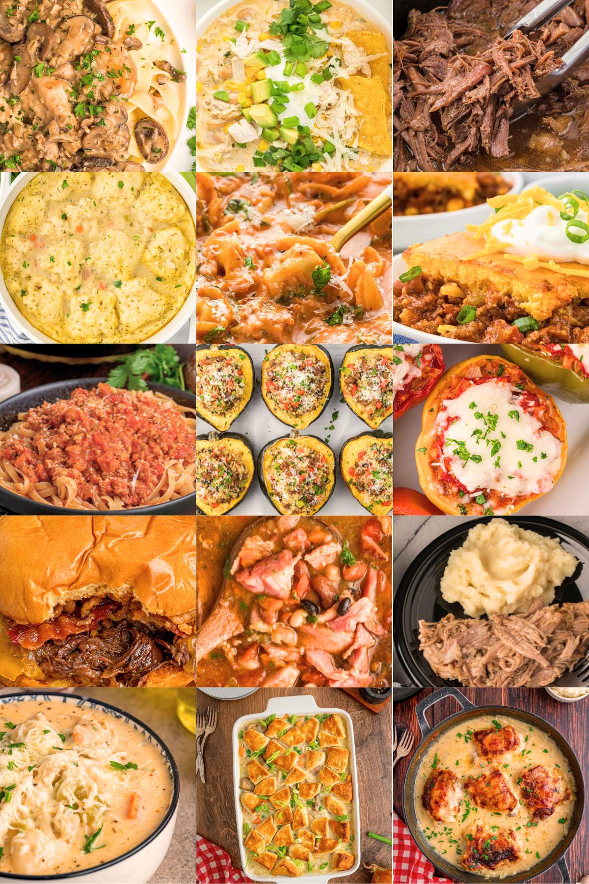 Collage of fifteen hearty fall dinners including pasta, soups, stuffed peppers, pulled pork, and casseroles.