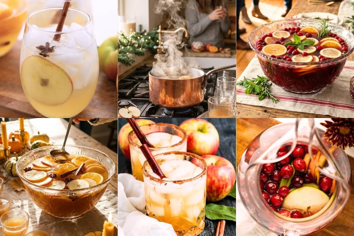 Six-photo collage of fall drinks including apple cider cocktails, steaming copper pot, cranberry punch bowls, and spiced sangria.