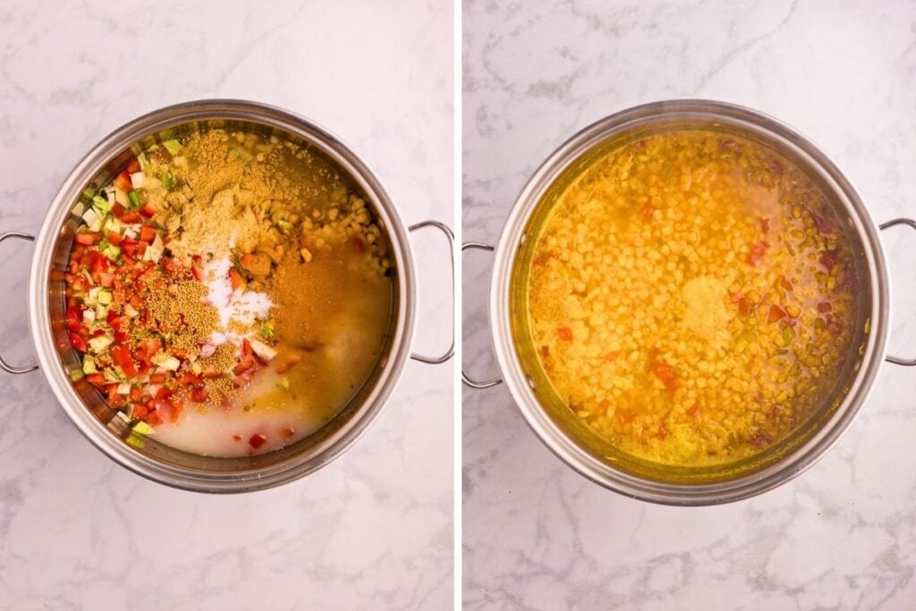 side by side images of a large pot with the first image being addtion of corn relish ingredients and second is after they're mixed