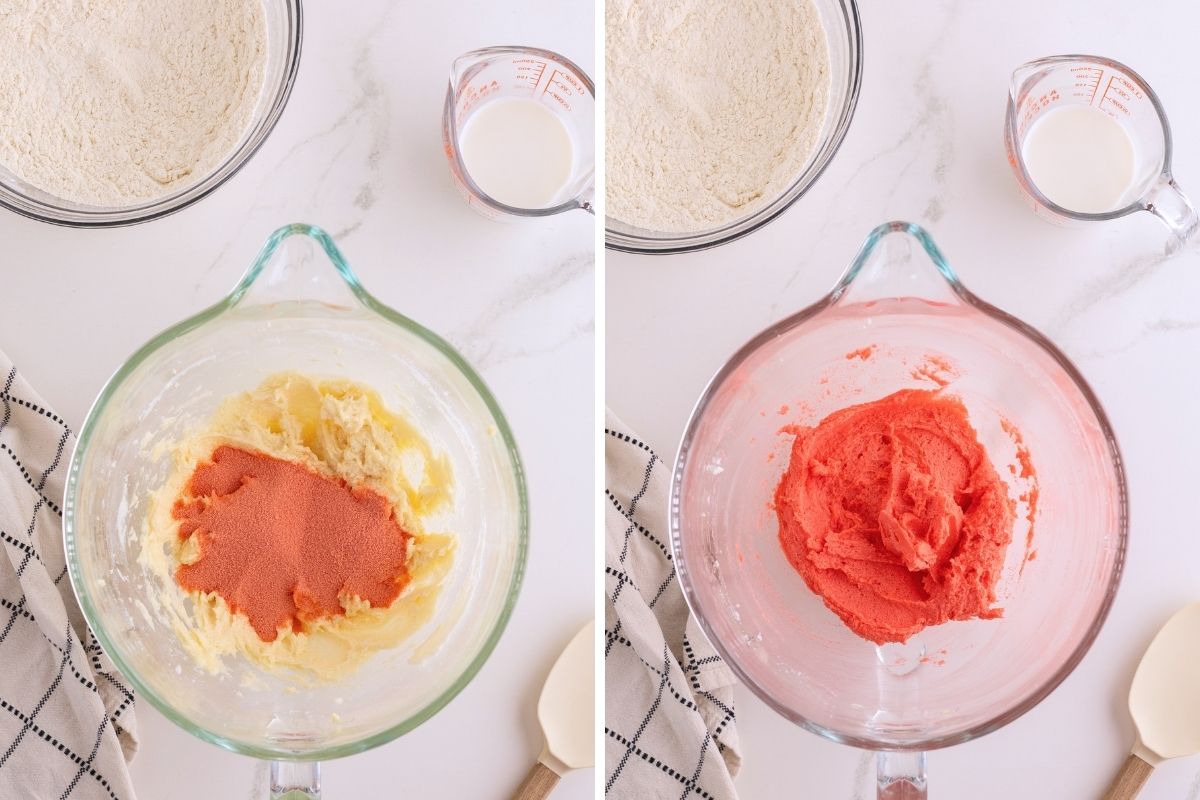 Strawberry powder added to creamed butter in a glass bowl, then beaten into a pink batter.