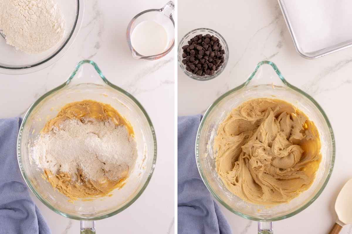 Flour being added to cookie batter in a glass mixing bowl, then beaten smooth beside chocolate chips.