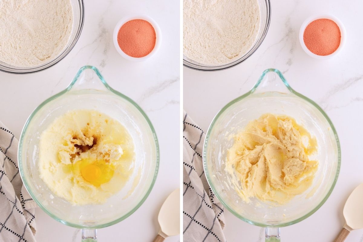 Egg and vanilla added to creamed butter in a glass bowl, then beaten smooth.