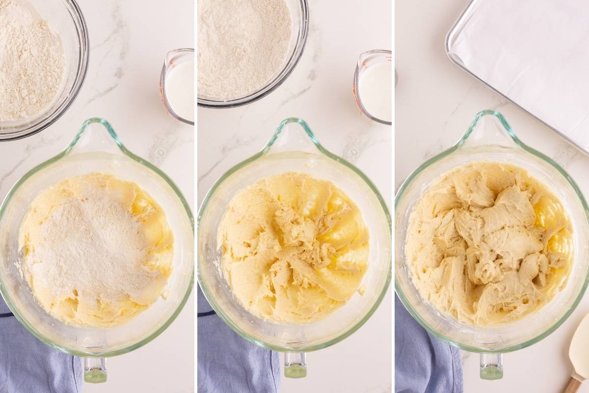 Three-panel sequence showing flour being added to creamed butter batter in a glass stand mixer bowl.