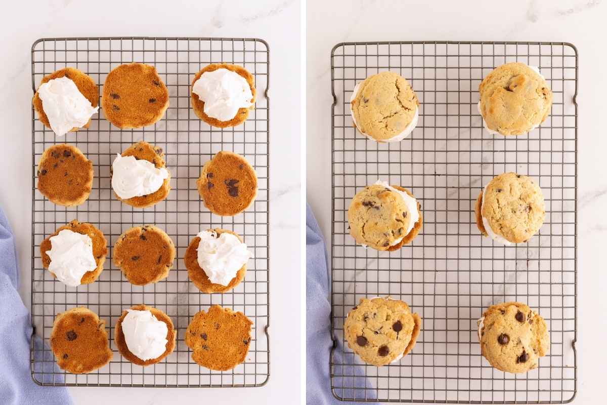 Chocolate chip cookies topped with white filling on a wire rack, then assembled into sandwich cookies.