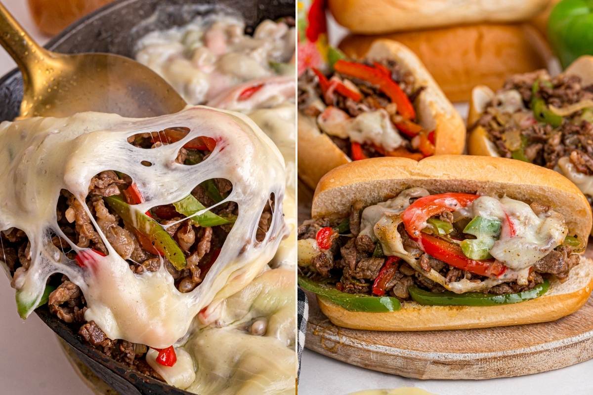 Melty provolone-topped steak and peppers being spooned into toasted hoagie rolls on a wooden board.