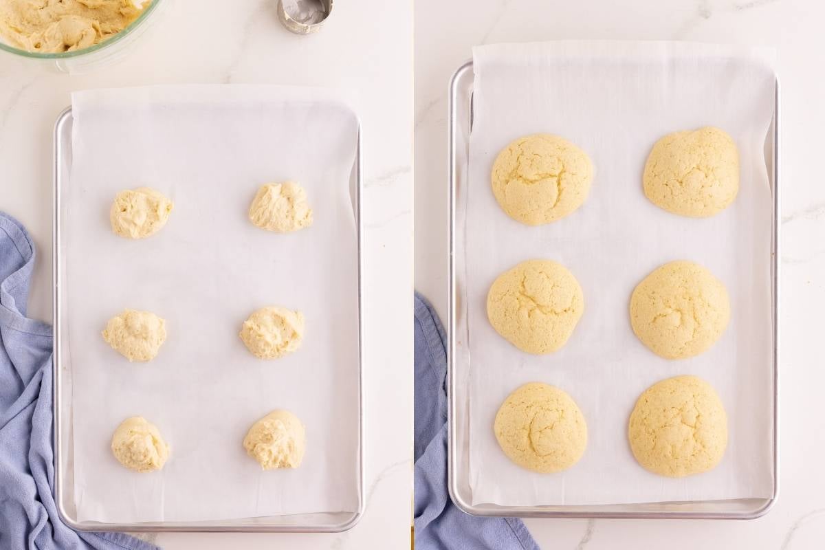 Six mounds of pale vanilla batter scooped onto a parchment-lined baking sheet beside the finished golden baked cookies.