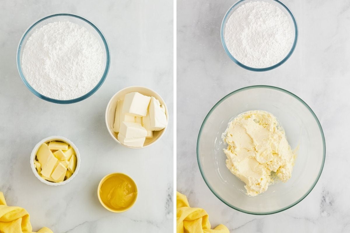 Bowls of powdered sugar, cream cheese, butter, and lemon shown beside creamed butter and cream cheese mixture.