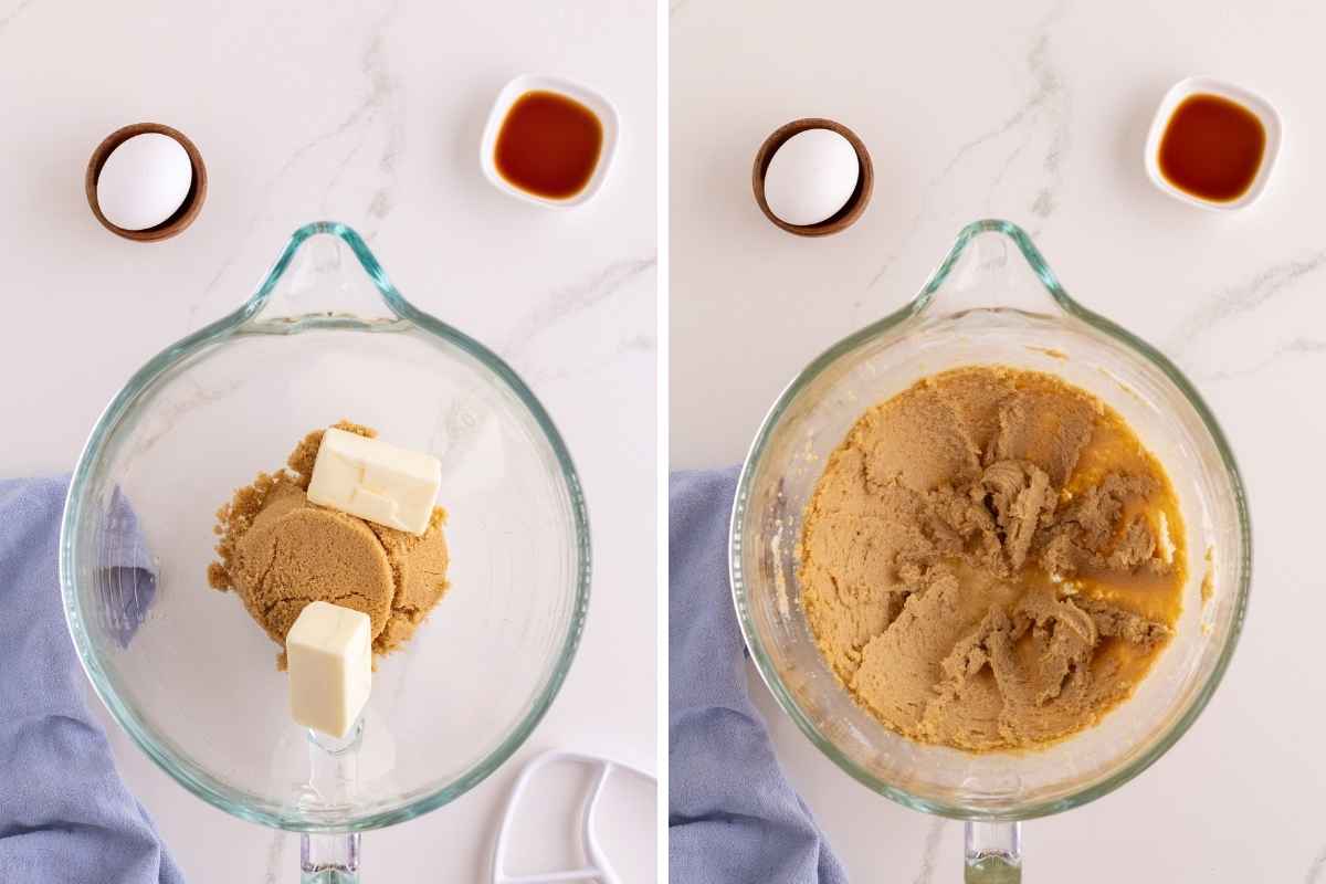 Brown sugar and butter cubes in a glass mixing bowl before and after creaming together.