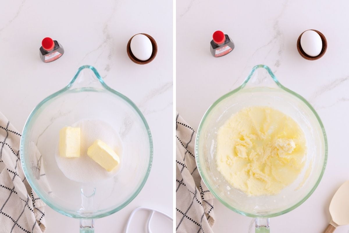 Side-by-side glass bowls showing butter and sugar before and after being creamed together until pale and fluffy.